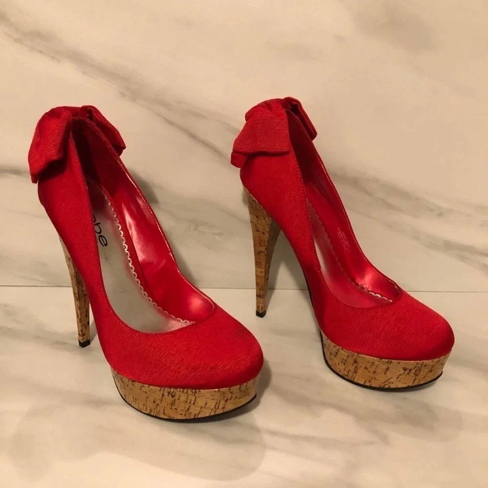 Bebe Stiletto High Heels Kahilia Ruby Red Size 8 Platform Cork Bow Formal